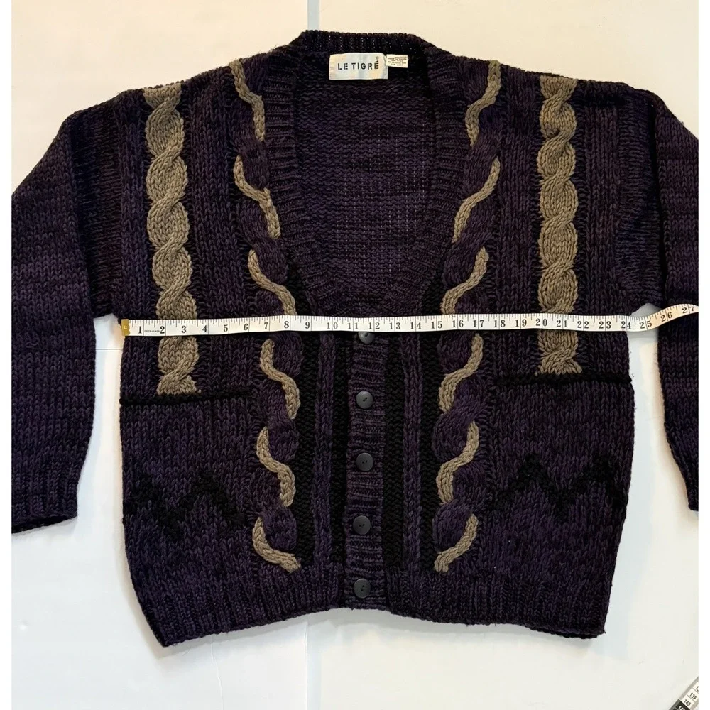 Vintage Le Tigre Cardigan Purple and Brown XL Chunky Knit Cosby Grandpacore